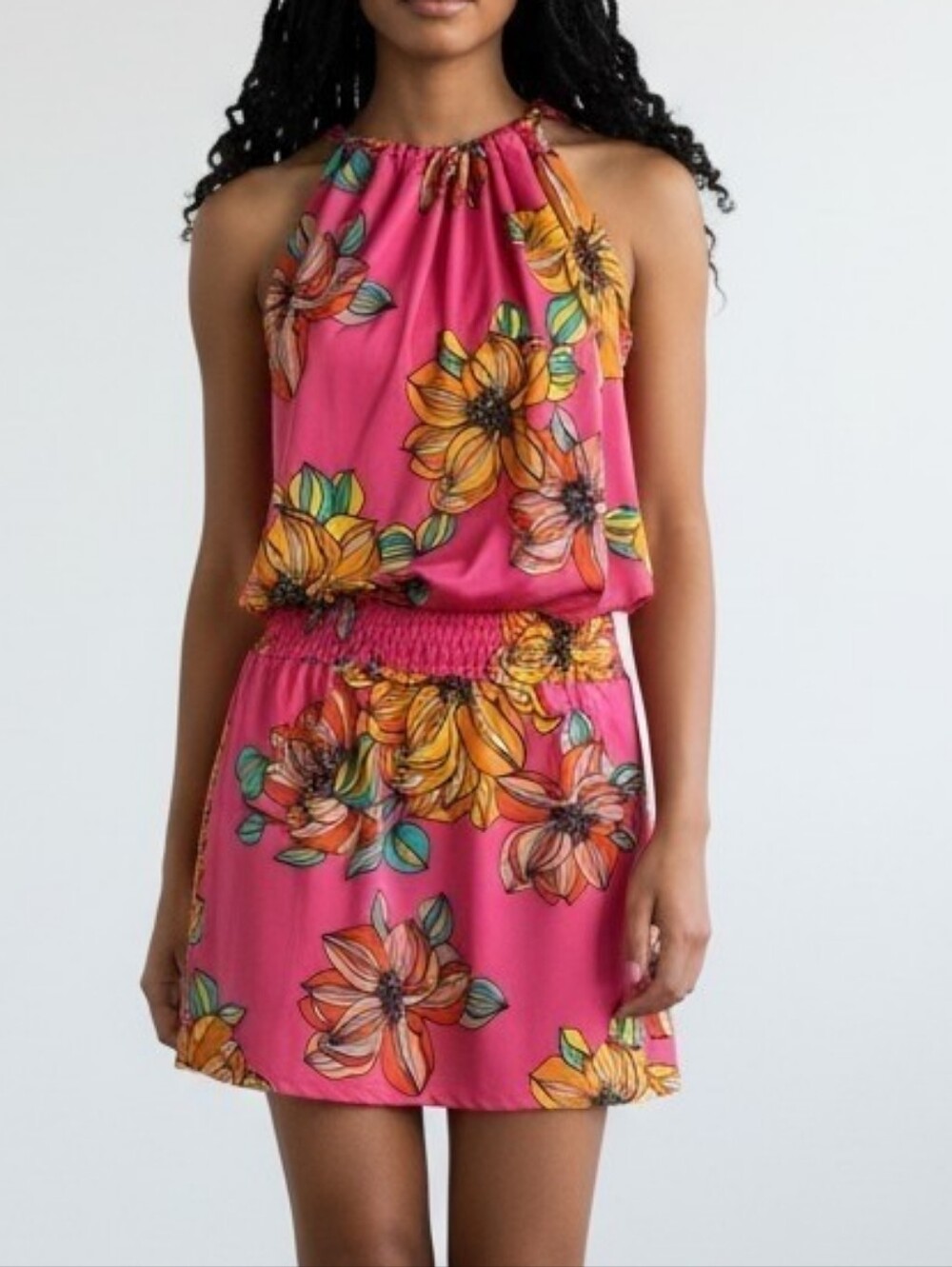 Trina Turk Fuschia, Teal and Orange Floral Halter Mini Dress S